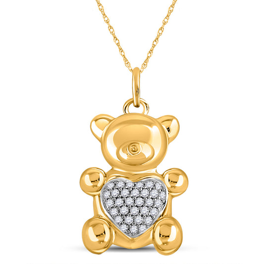 10K Yellow Gold Womens Round Diamond Bear Heart Animal Pendant 1/10 Cttw