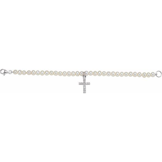 Sterling Silver 4.0 Mm 5 1/2 In Polished Cultured Freshwater Pearl And Imitation Cubic Zirconia Bracelet