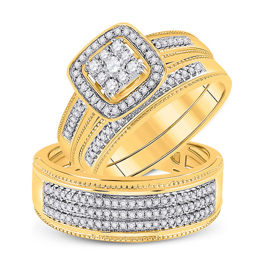 10K Yellow Gold His Hers Round Diamond Square Matching Wedding Set 5/8 Cttw, Womens Size: 5-10, Mens Size: 7-13