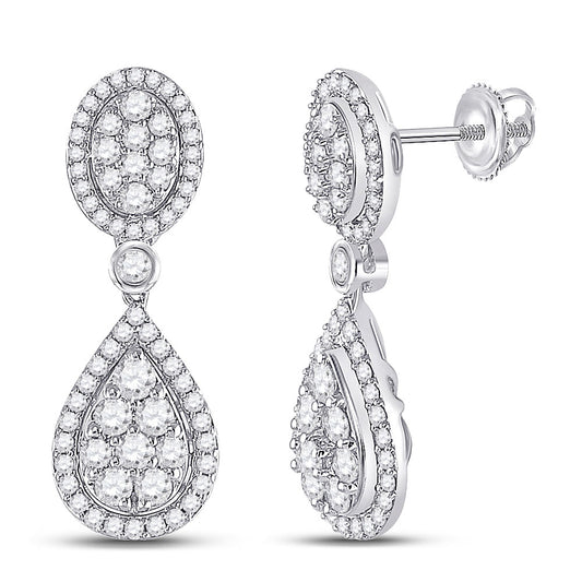 14K White Gold Womens Round Diamond Teardrop Dangle Earrings 7/8 Cttw