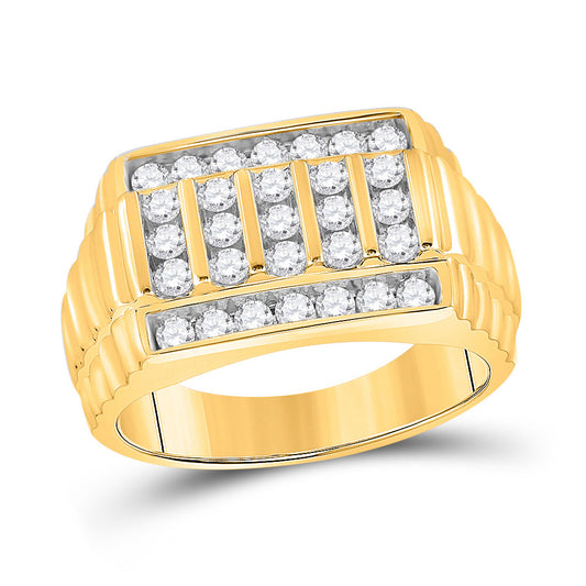 10K Yellow Gold Mens Round Diamond Ribbed Fashion Ring 1 Cttw, Mens Size: 7-13
