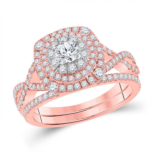 14K Two-tone Gold Round Diamond Halo Bridal Wedding Ring Band Set 1-1/3 Cttw, Womens Size: 5-10