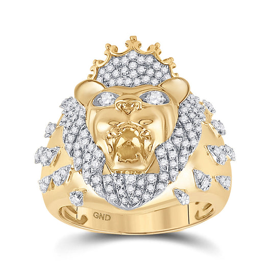 10K Yellow Gold Mens Round Diamond Lion Head Crown Animal Ring 7/8 Cttw, Mens Size: 7-13