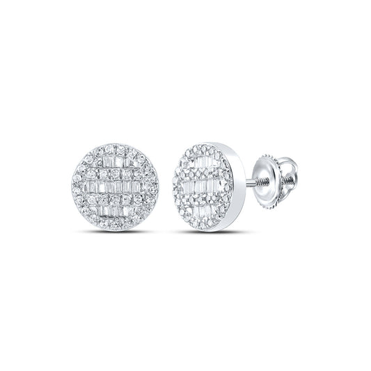 10K White Gold Baguette Diamond Circle Cluster Earrings 1/3 Cttw