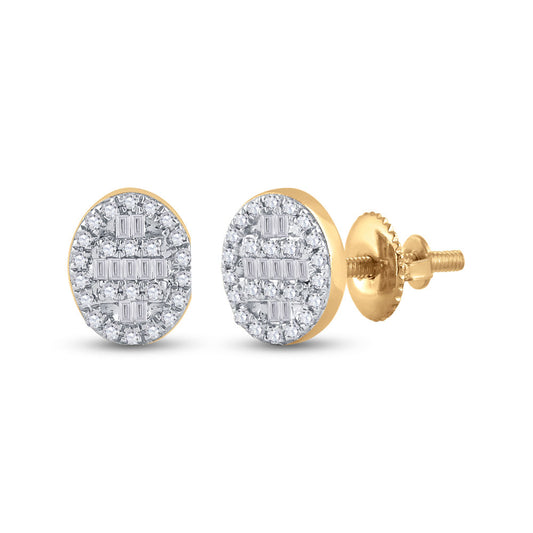 10K Yellow Gold Womens Baguette Diamond Oval Cluster Earrings 1/4 Cttw