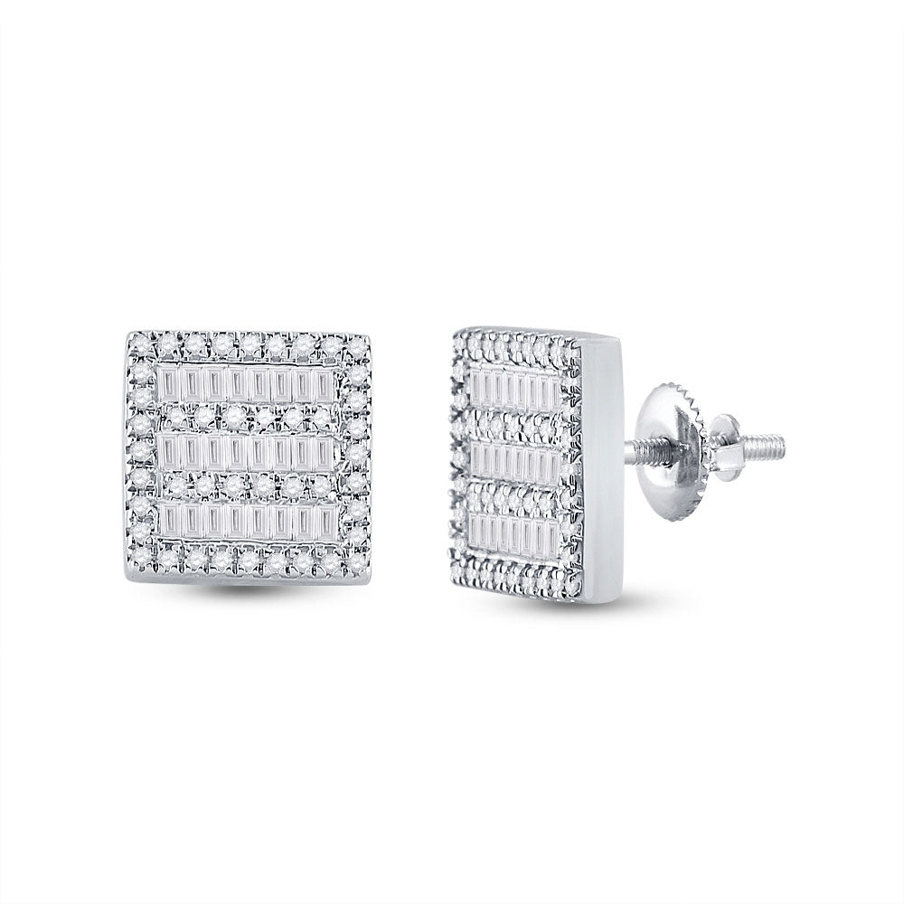 10K White Gold Womens Baguette Diamond Square Earrings 1/3 Cttw