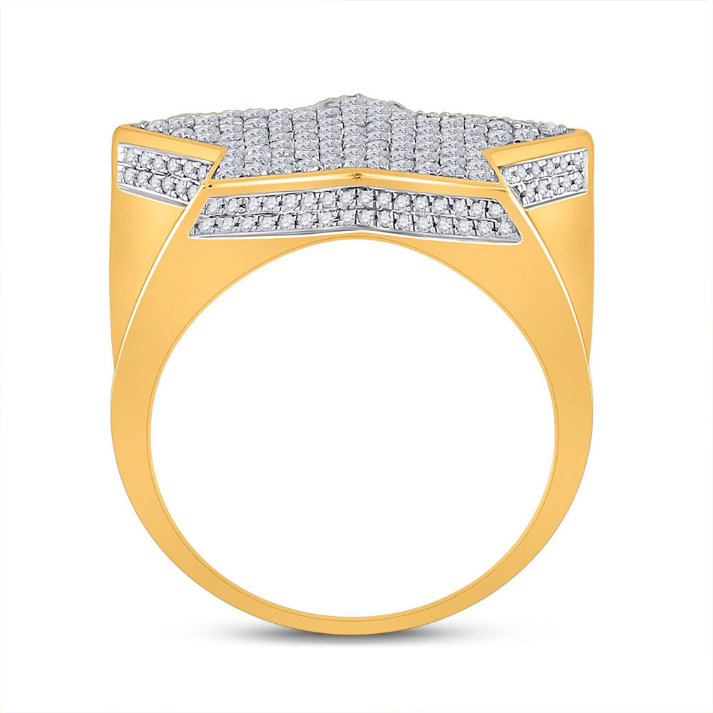 10K Yellow Gold Mens Round Diamond Star Statement Ring 1-1/2 Cttw, Mens Size: 7-13