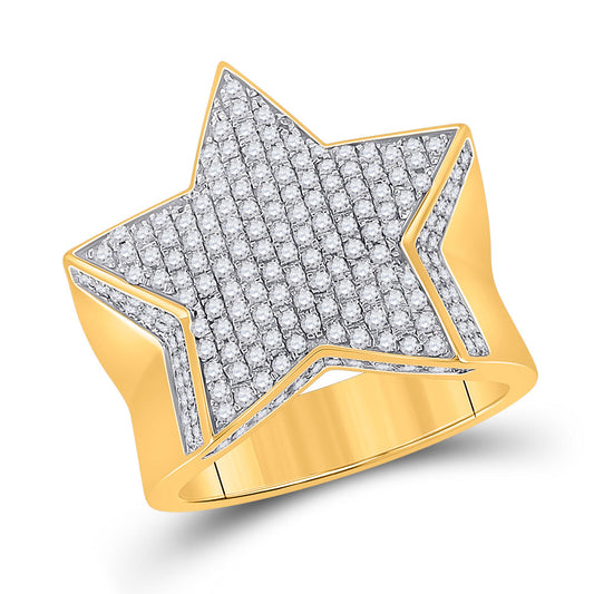 10K Yellow Gold Mens Round Diamond Star Statement Ring 1-1/2 Cttw, Mens Size: 7-13