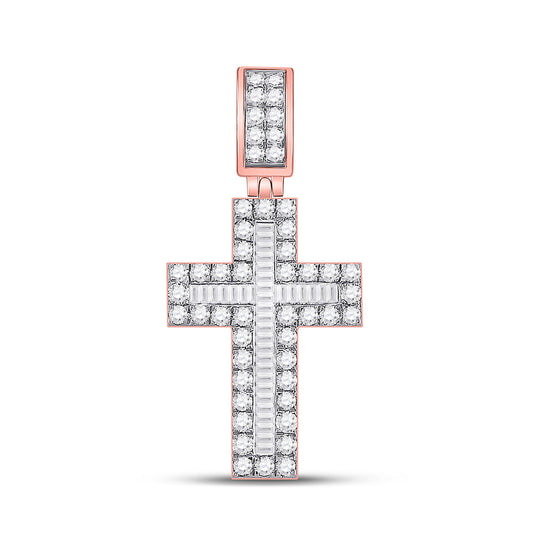 10K Rose Gold Mens Baguette Diamond Cross Charm Pendant 1-5/8 Cttw