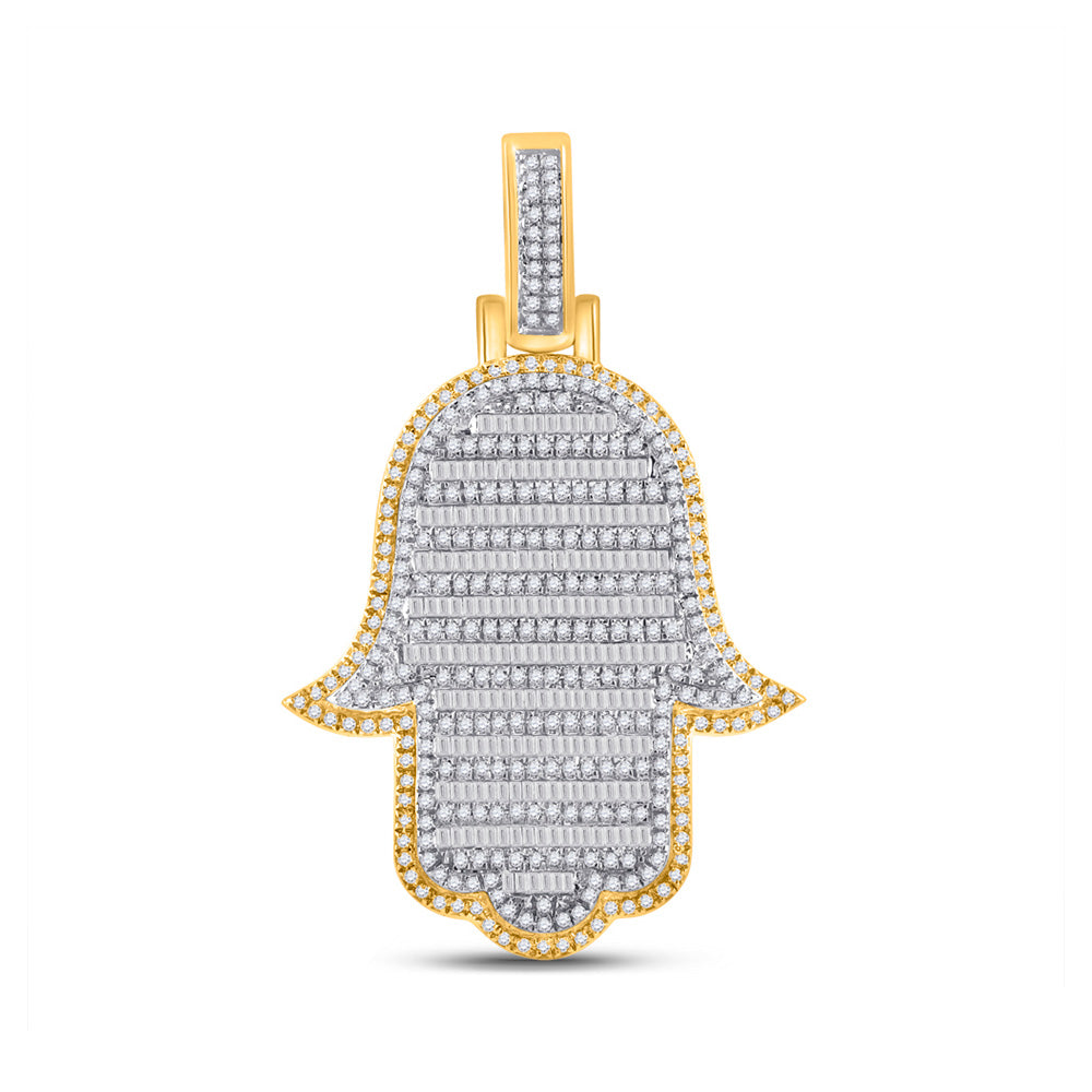 10K Yellow Gold Mens Baguette Diamond Hamsa Charm Pendant 2 Cttw, Length: 1.9 In, Width: 1.22 In