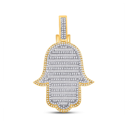 10K Yellow Gold Mens Baguette Diamond Hamsa Charm Pendant 2 Cttw, Length: 1.9 In, Width: 1.22 In