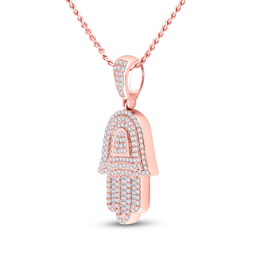 10K Rose Gold Mens Baguette Diamond Hamsa Hand Charm Pendant 3/4 Cttw, Length: 1.21 In, Width: 0.57 In