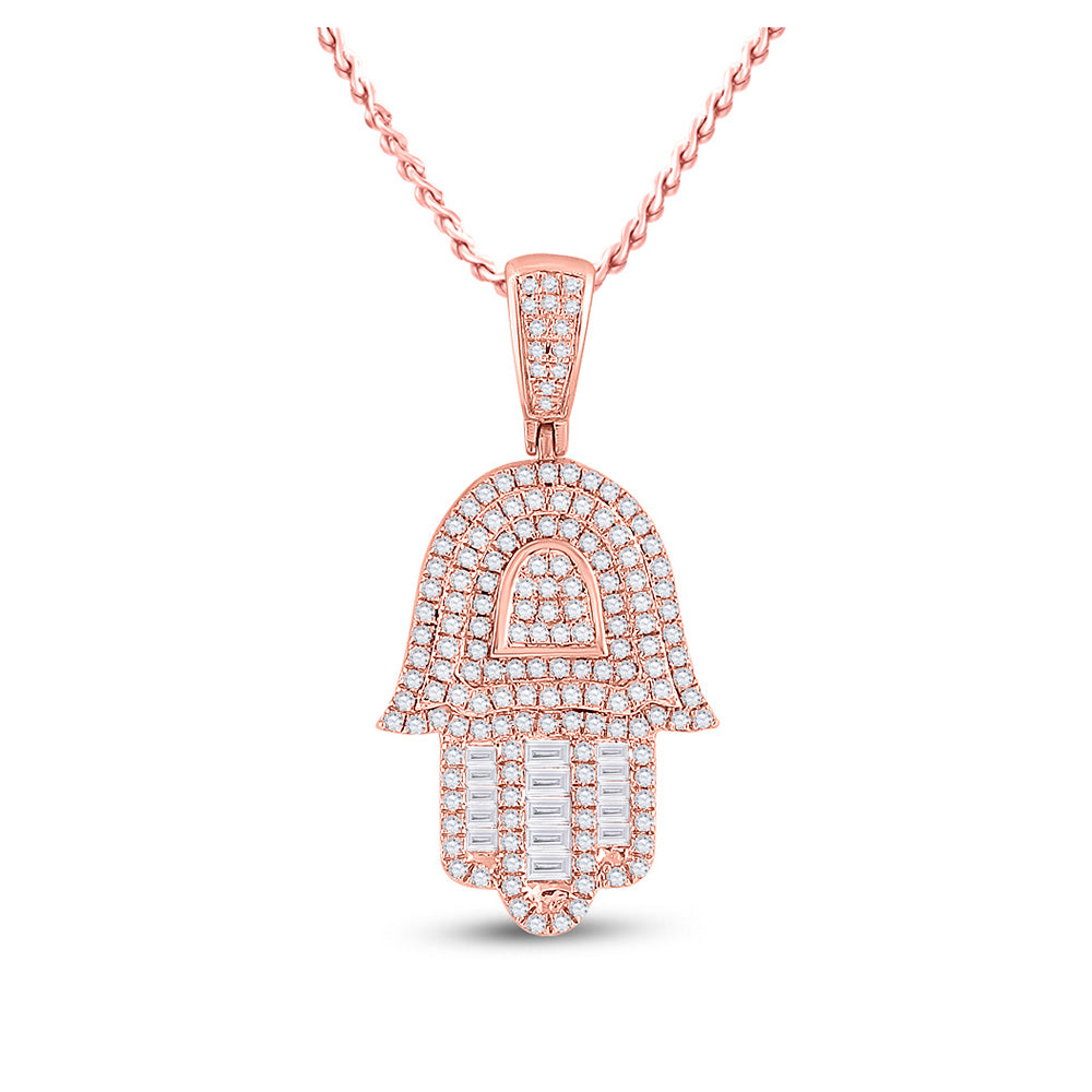 10K Rose Gold Mens Baguette Diamond Hamsa Hand Charm Pendant 3/4 Cttw, Length: 1.21 In, Width: 0.57 In