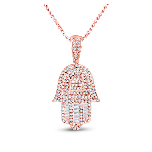10K Rose Gold Mens Baguette Diamond Hamsa Hand Charm Pendant 3/4 Cttw, Length: 1.21 In, Width: 0.57 In