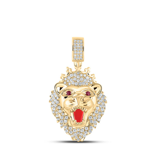 10K Yellow Gold Mens Round Diamond Lion Crown Charm Pendant 2 Cttw, Length: 2.11 In, Width: 1.18 In