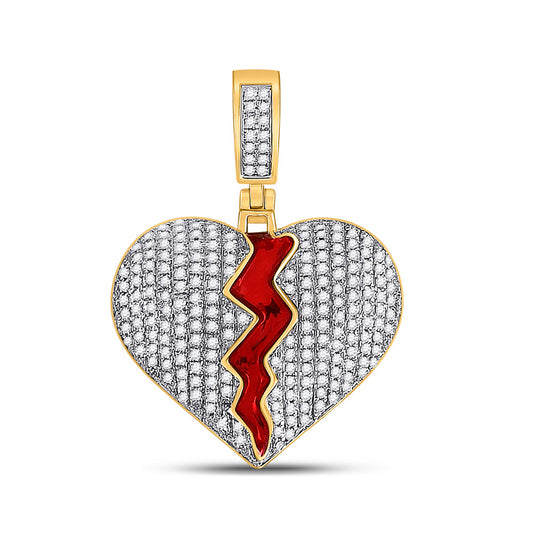 10K Yellow Gold Mens Round Diamond Broken Split Heart Charm Pendant 3/4 Cttw, Length: 1.2 In, Width: 0.85 In