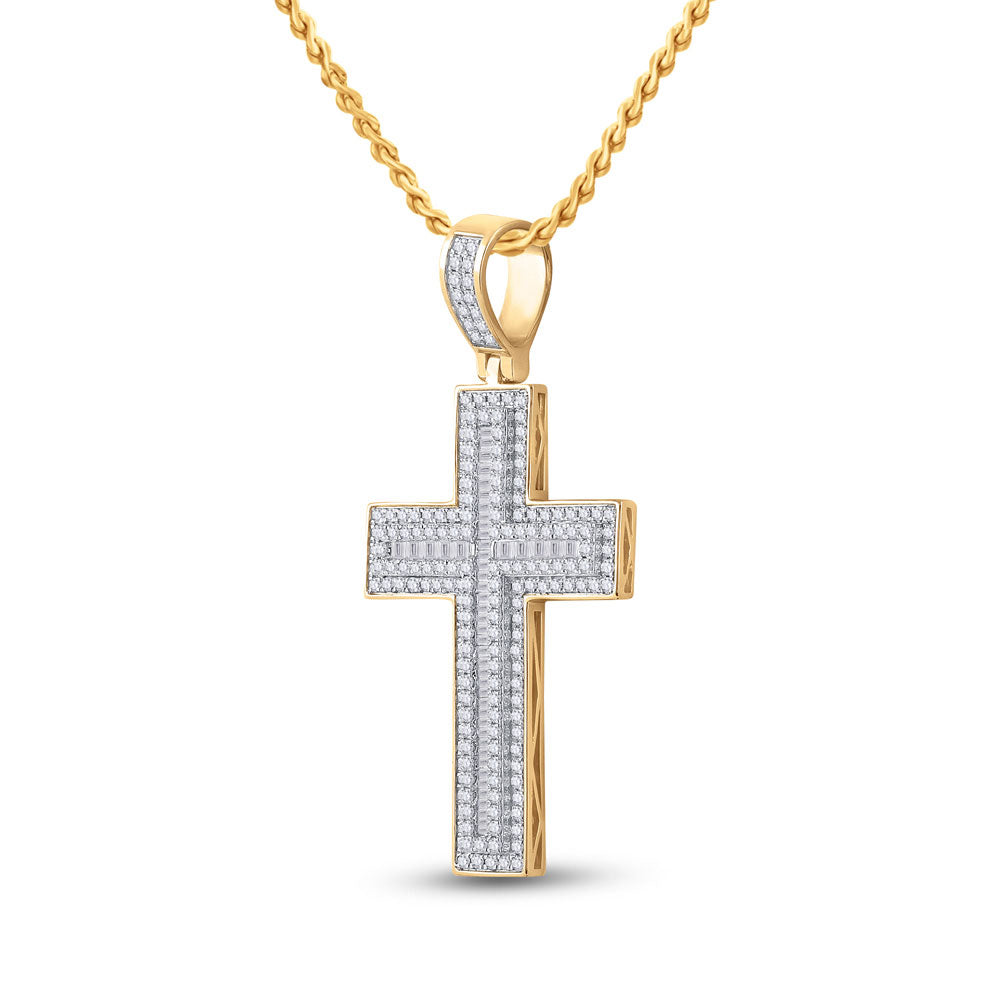 10K Yellow Gold Mens Baguette Diamond Cross Charm Pendant 2-3/4 Cttw