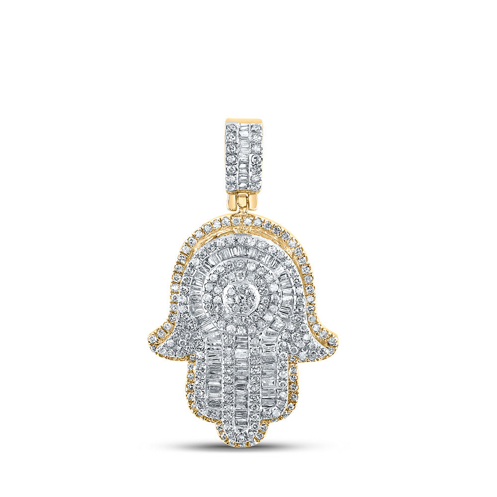 10K Yellow Gold Mens Baguette Diamond Hamsa Charm Pendant 1 Cttw, Length: 1.25 In, Width: 0.76 In
