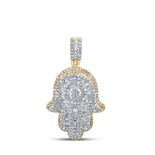 10K Yellow Gold Mens Baguette Diamond Hamsa Charm Pendant 1 Cttw, Length: 1.25 In, Width: 0.76 In