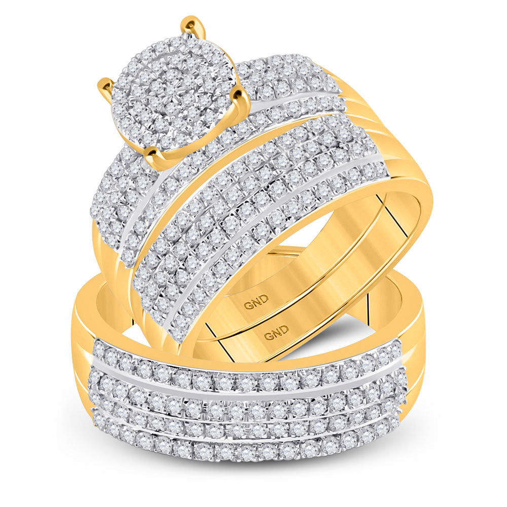 14K Yellow Gold His Hers Round Diamond Cluster Matching Wedding Set 1-1/3 Cttw, Womens Size: 5-10, Mens Size: 7-13