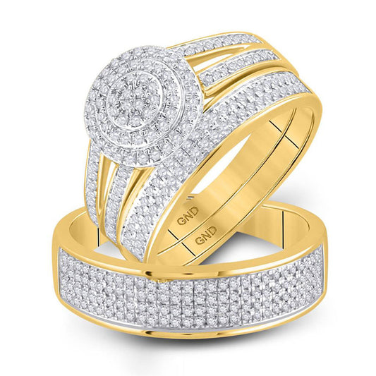 14K Yellow Gold His Hers Round Diamond Cluster Matching Wedding Set 3/4 Cttw, Womens Size: 5-10, Mens Size: 7-13