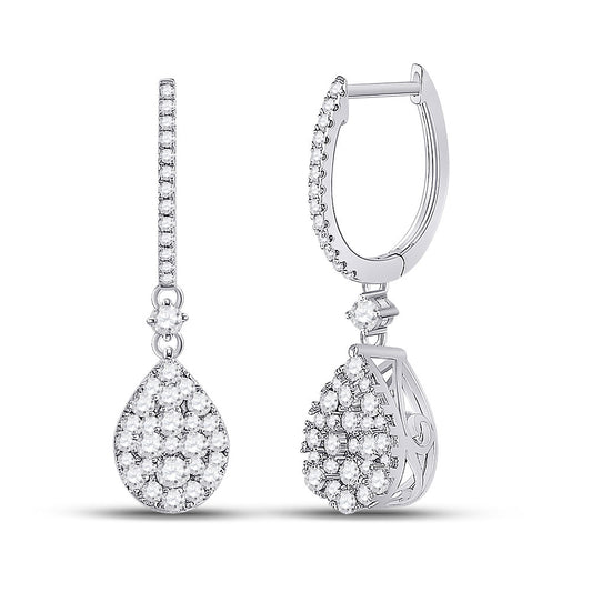14K White Gold Womens Round Diamond Hoop Teardrop Dangle Earrings 1 Cttw