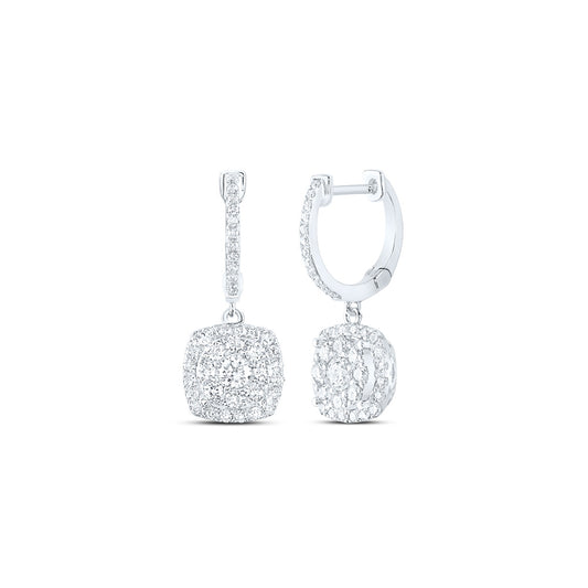 14K White Gold Womens Round Diamond Hoop Square Dangle Earrings 1 Cttw, Length: 0.91 In, Width: 0.27 In