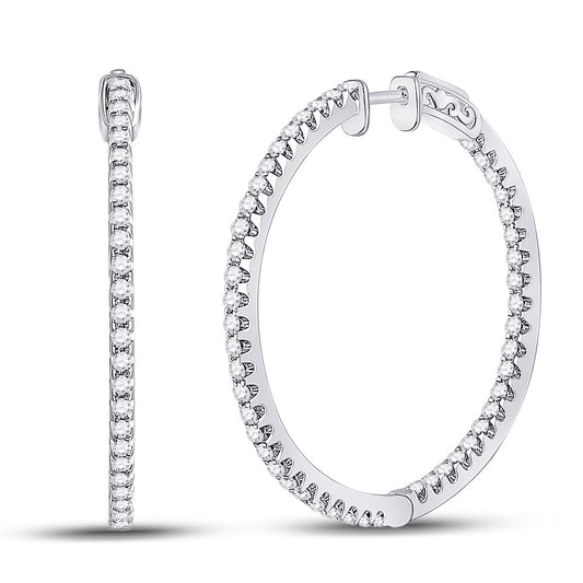 14K White Gold Womens Round Diamond Slender Single Row Hoop Earrings 1-1/2 Cttw, Length: 1.44 In