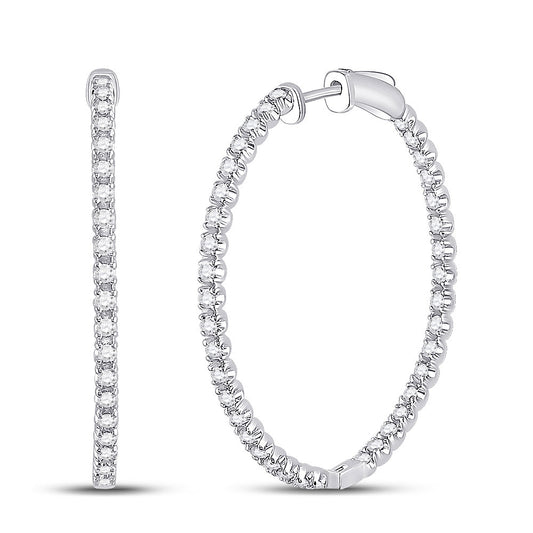 14K White Gold Womens Round Diamond Inside-Outside Hoop Earrings 1-5/8 Cttw