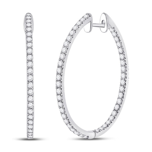 14K White Gold Womens Round Diamond Slender Single Row Hoop Earrings 1-1/2 Cttw, Length: 1.16 In