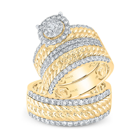 14K Yellow Gold His Hers Round Diamond Halo Matching Wedding Set 2 Cttw, Womens Size: 5-10, Mens Size: 7-13