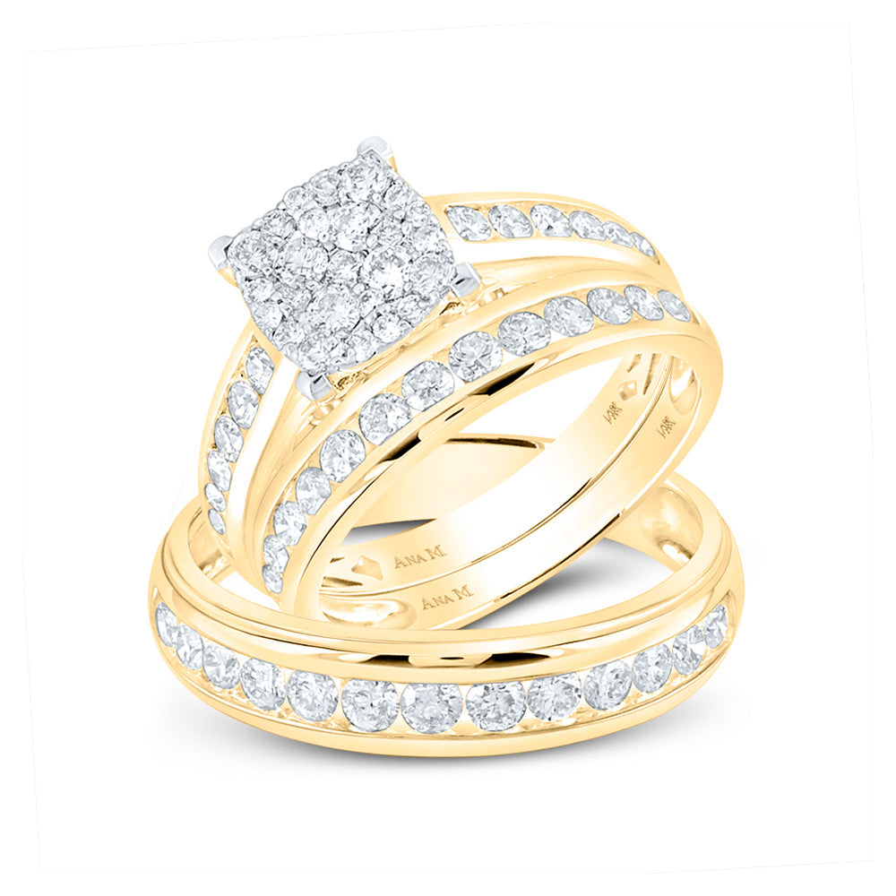 14K Yellow Or White Gold  His Hers Round Diamond Square Matching Wedding Set 1-3/4 Cttw, Womens Size: 5-10, Mens Size: 7-13