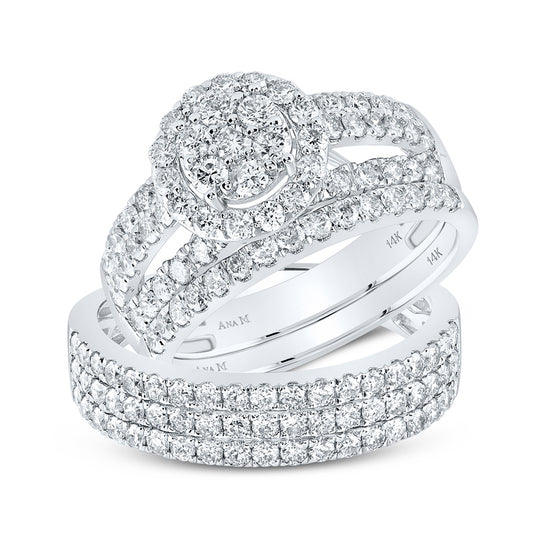 14K White Gold His Hers Round Diamond Cluster Matching Wedding Set 2-1/3 Cttw, Womens Size: 5-10, Mens Size: 7-13