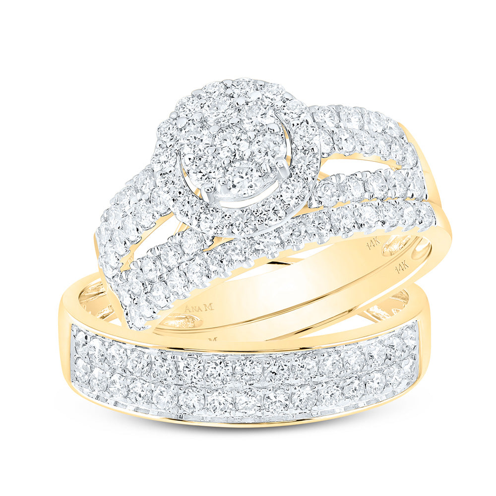 14K Yellow Or White Gold  His Hers Round Diamond Cluster Matching Wedding Set 1-3/4 Cttw, Womens Size: 5-10, Mens Size: 7-13