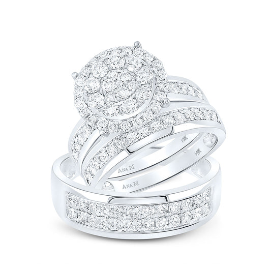 14K White Or Yellow Gold His Hers Round Diamond Cluster Matching Wedding Set, Womens Size: 5-10, Mens Size: 7-13