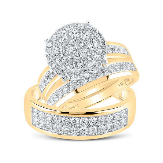 14K Yellow Gold His Hers Round Diamond Cluster Matching Wedding Set, Womens Size: 5-10, Mens Size: 7-13