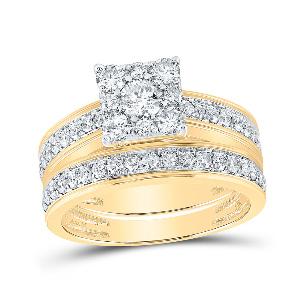 14K Yellow Gold  His Hers Round Diamond Cluster Matching Wedding Set 2-1/5 Cttw, Womens Size: 5-10, Mens Size: 7-13