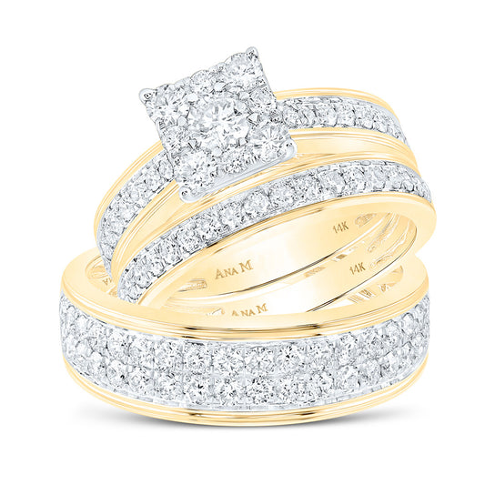 14K Yellow Gold  His Hers Round Diamond Cluster Matching Wedding Set 2-1/5 Cttw, Womens Size: 5-10, Mens Size: 7-13