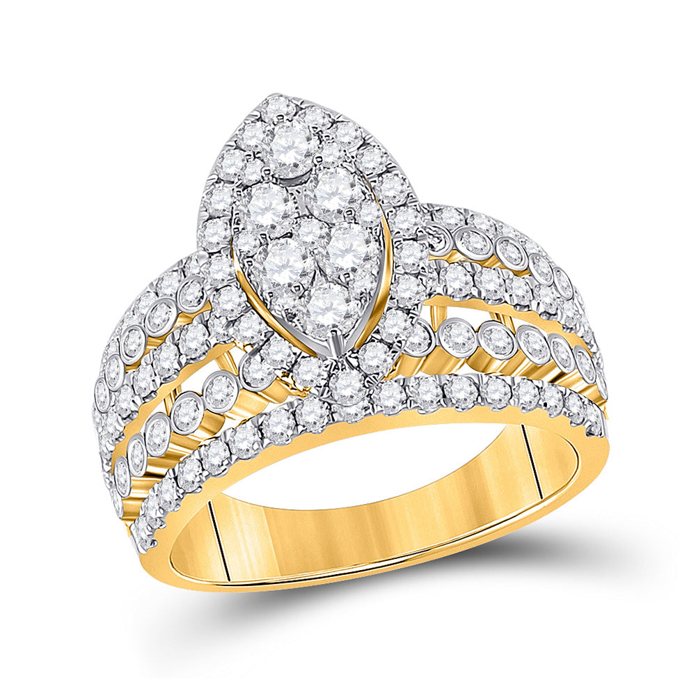 14K Yellow Gold  Womens Round Diamond Marquise-shape Cluster Ring 1-3/4 Cttw, Womens Size: 5-10