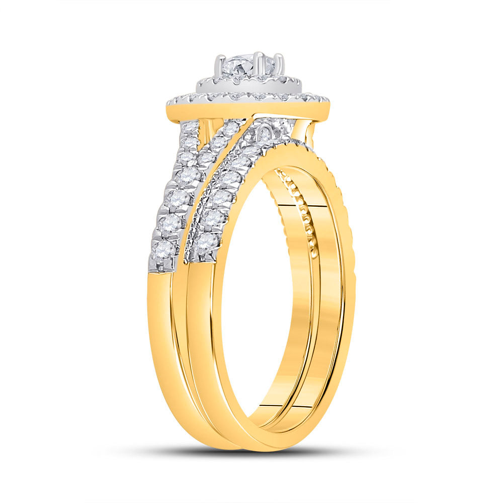 10K Yellow Gold Round Diamond Halo Bridal Wedding Ring Band Set 1 Cttw, Womens Size: 5-10