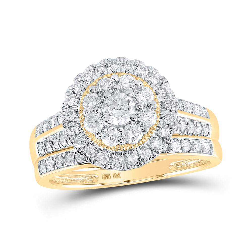 10K Yellow Gold Round Diamond Halo Bridal Wedding Ring Band Set 1 Cttw, Womens Size: 5-10