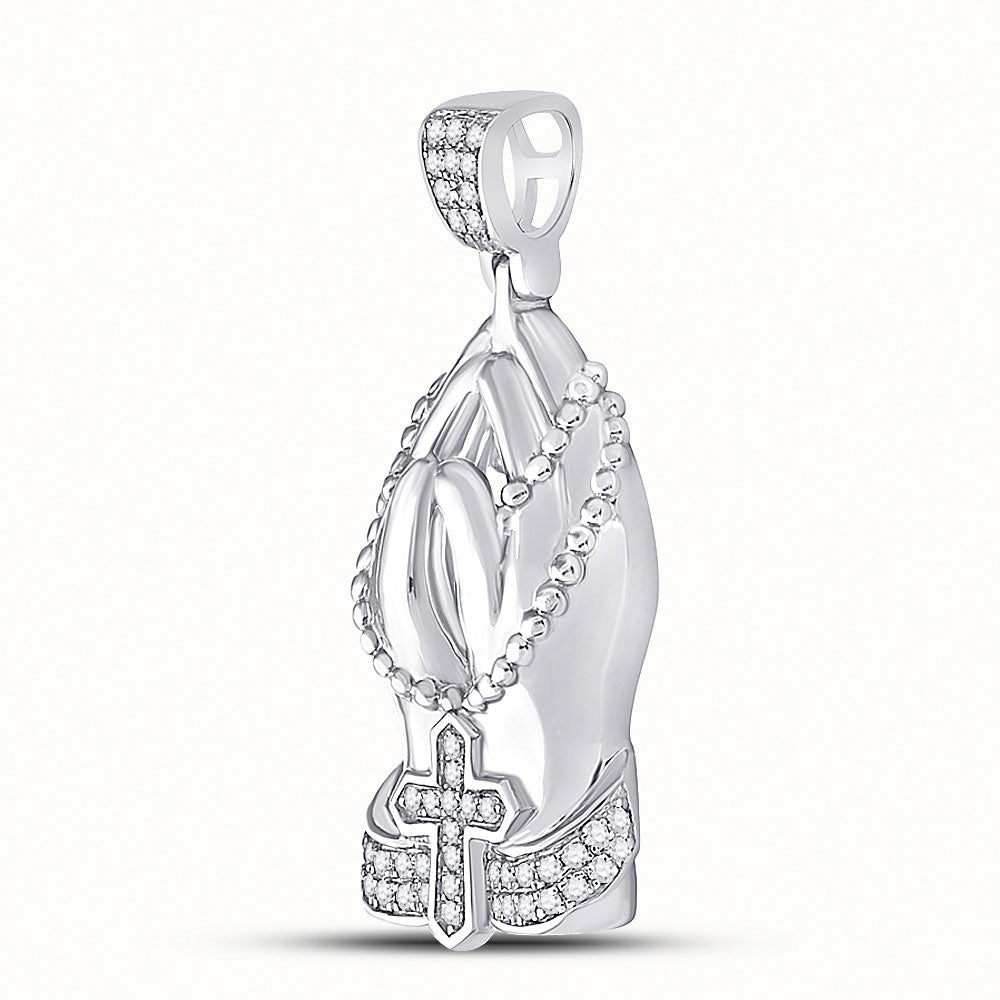 10K White Gold Mens Round Diamond Praying Hands Rosary Charm Pendant 1/4 Cttw, Length: 1.33 In, Width: 0.57 In