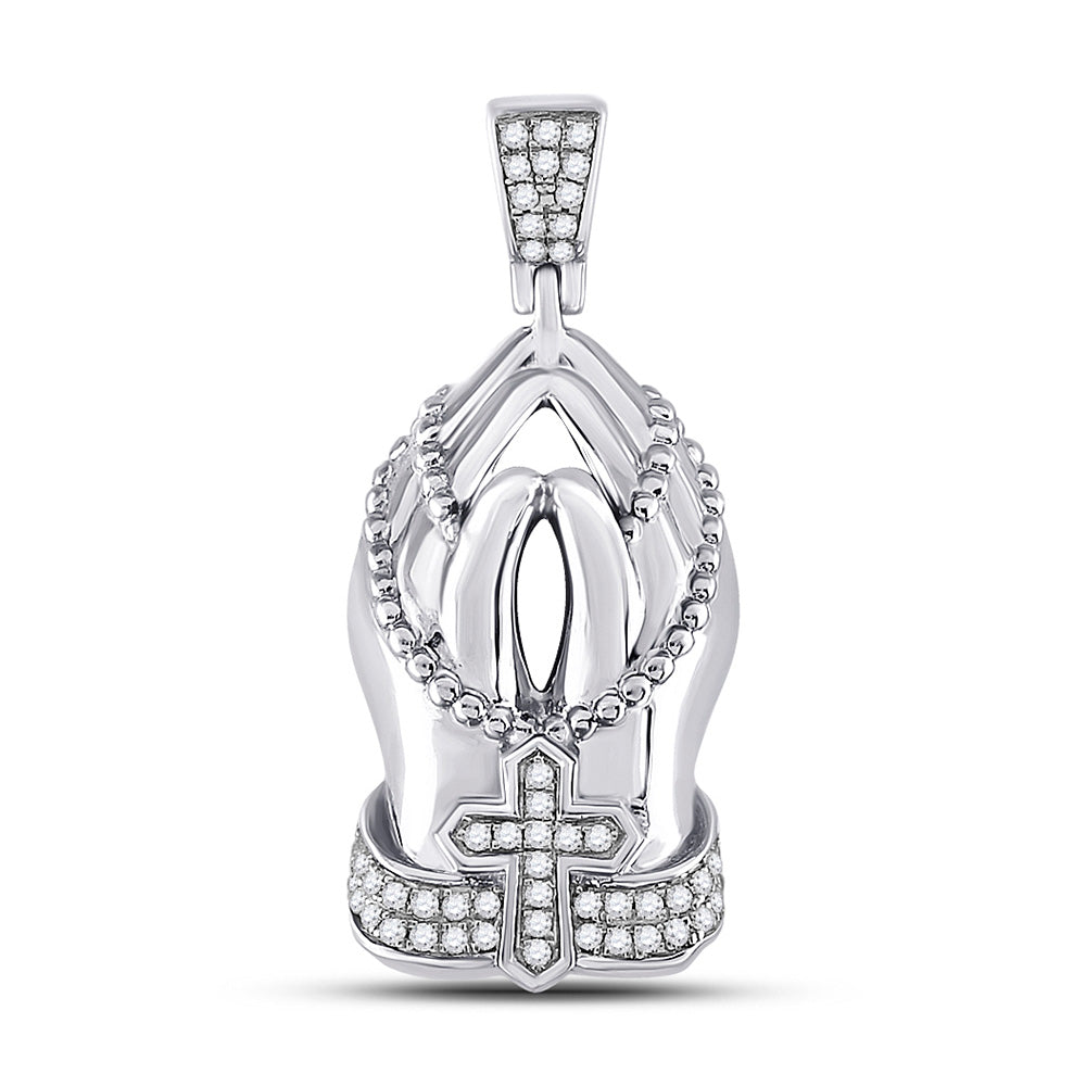 10K White Gold Mens Round Diamond Praying Hands Rosary Charm Pendant 1/4 Cttw, Length: 1.33 In, Width: 0.57 In