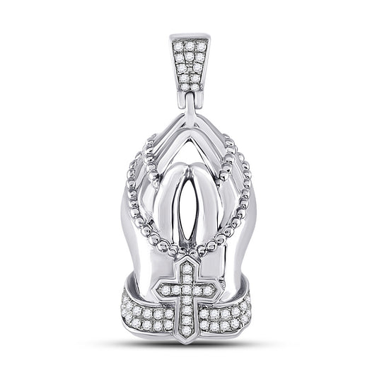 10K White Gold Mens Round Diamond Praying Hands Rosary Charm Pendant 1/4 Cttw, Length: 1.33 In, Width: 0.57 In
