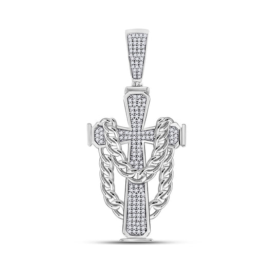 10K White Gold Mens Round Diamond Cross Charm Pendant 3/8 Cttw, Length: 2 In, Width: 0.85 In