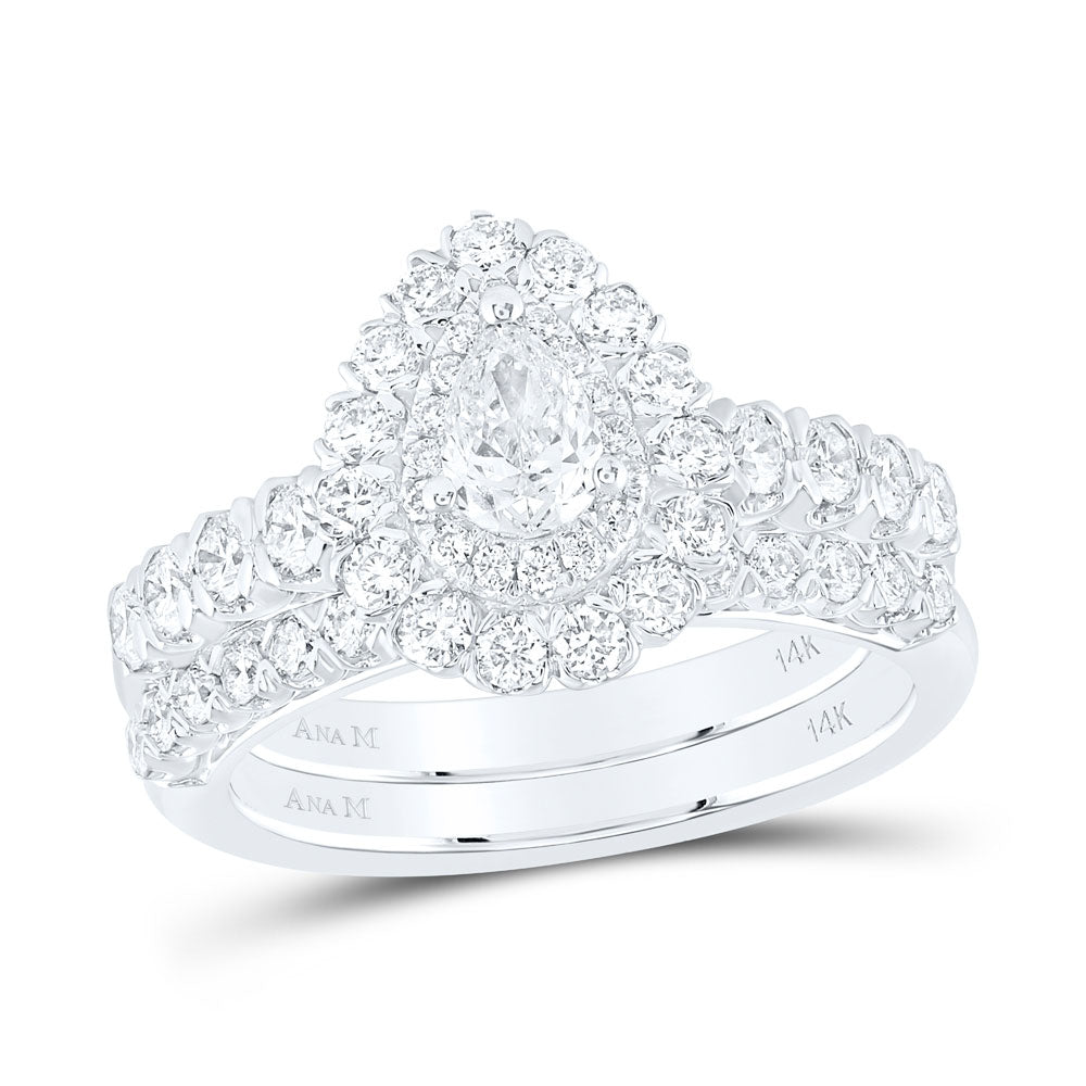 14K White Gold Pear Diamond Halo Bridal Wedding Ring Band Set 1-1/2 Cttw, Womens Size: 5-10