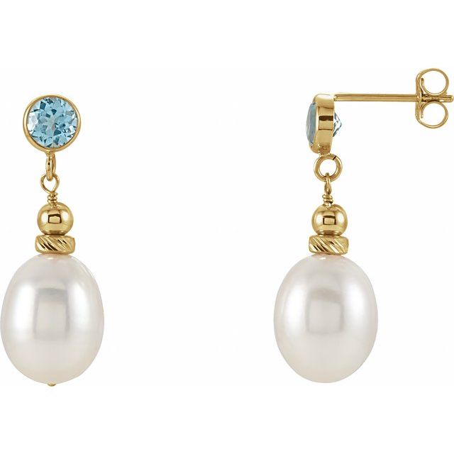 14K Yellow Gold 8.0-8.5 Mm Friction Backs Polished Cultured White Freshwater Pearl And Swiss Blue Topaz Earrings