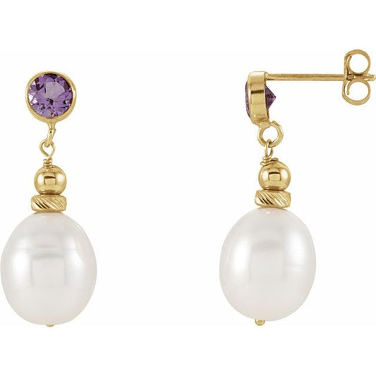 14K Yellow Gold 8.0-8.5 Mm Friction Backs Polished Cultured White Freshwater Pearl And Natural Amethyst Earrings