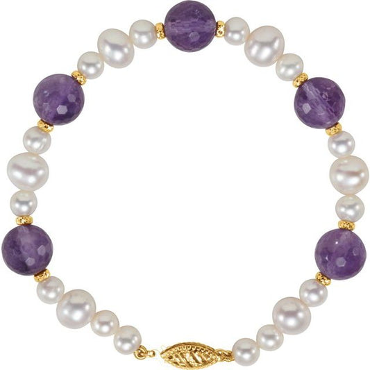 14K Yellow Gold Round 10 Mm 7 1/2 In Polished Natural Amethyst And Cultured White Freshwater Pearl Bracelet