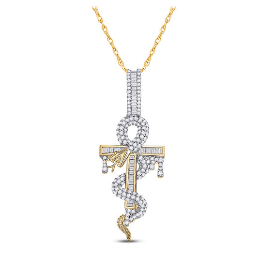 10K Yellow Gold Mens Baguette Diamond Snake Ankh Cross Charm Pendant 1-1/5 Cttw